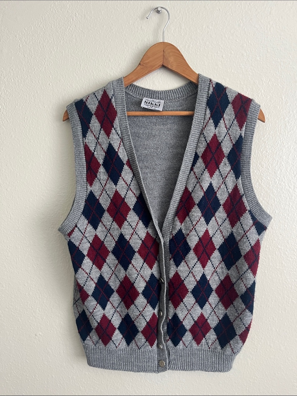 Vintage Grey Argyle Button-Up Sweater Vest with USA Made Eclectic Preppy Grandpa